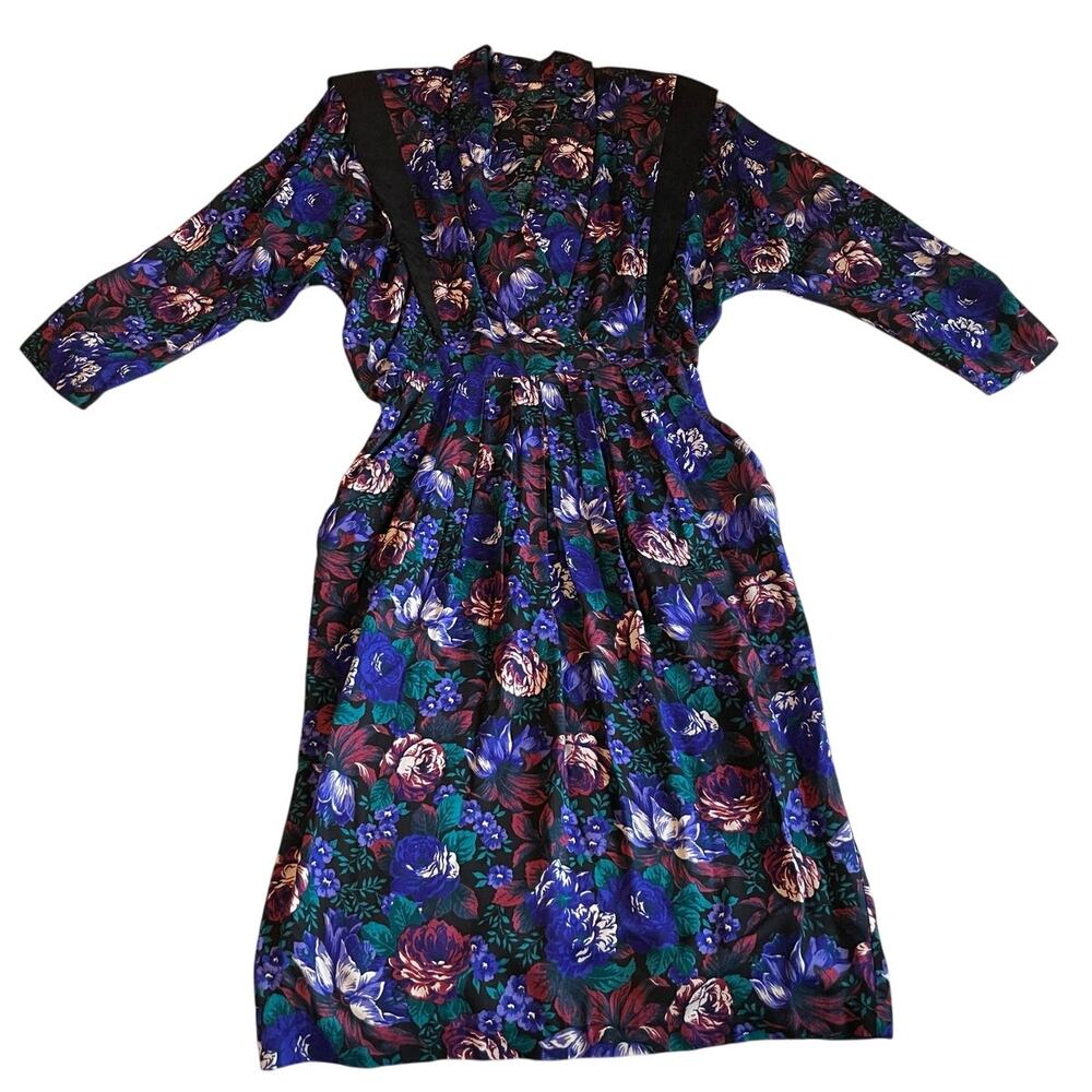 VTG 80's 90's Blue & Purple Floral Grandma Core V Neck Retro Long Sleeve Dress 4 - Picture 1 of 14
